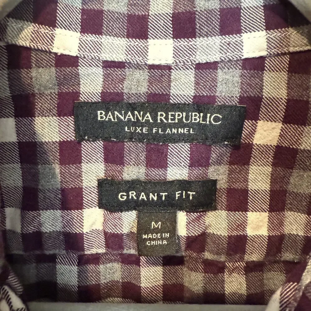 Banana Republic Shirt‎ Mens Medium Maroon White Check Luxe Flannel Grant Fit
